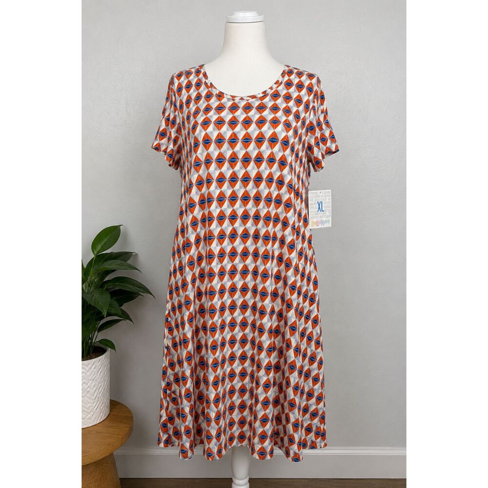 LuLaRoe Marly Dress XL Orange Blue Geometric Swing Midi Dress Short Sleeve NWT